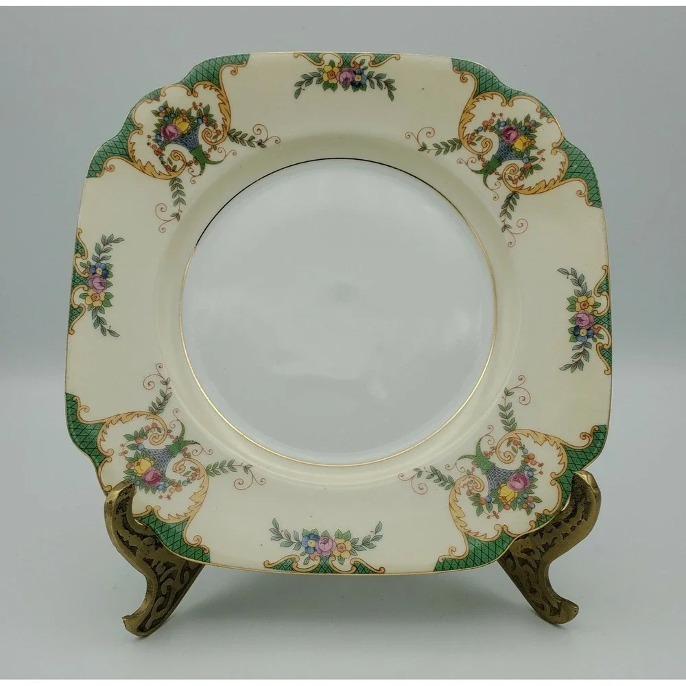 Gebruder Benedikt Czechoslovakia Bread Plate Gilt‎ Green Border Floral Basket 7